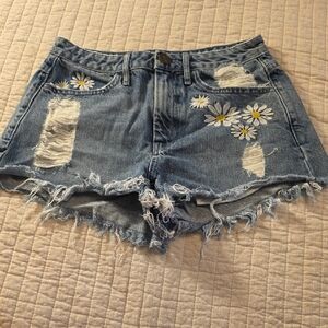 Show Me Your MuMu Distressed Daisy Embroidered Denim Shorts - Blue